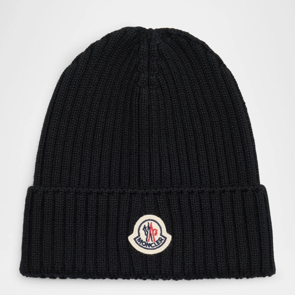 NWT Moncler Kids Logo Patch Virgin Wool Beanie Black